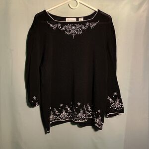 Alfred Dunner Black Embroidered Blouse – 3/4 Sleeve Floral Hem Top Size Large